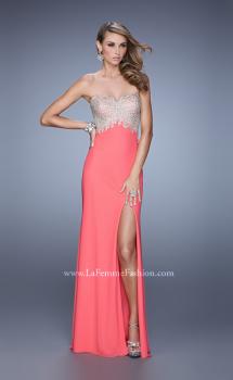 Picture of: Metallic Embroidered Prom Dress with Sheer Back in Coral, Style: 21113, Main Picture