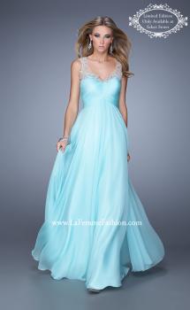 Picture of: Long Chiffon Prom Gown with Sheer Embroidered Straps in Aqua, Style: 21130, Main Picture