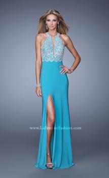 Picture of: Long Halter Jersey Prom Dress with Beaded Embroidery in Aqua, Style: 21168, Main Picture