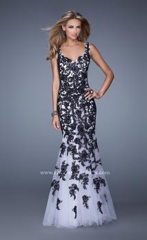 Picture of: Long Mermaid Dress with Lace Appliques and V Neckline in White Black, Style: 21192, Main Picture