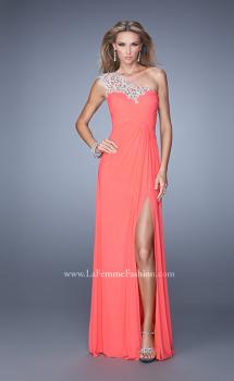 Picture of: Long One Shoulder Jersey Prom Dress with Embroidery in Coral, Style: 21219, Main Picture