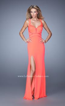 Picture of: Side Slit Jersey Prom Dress with Mesh Detailing in Coral, Style: 21220, Main Picture