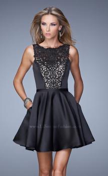 Picture of: Satin Cocktail Dress with Embroidered Overlay and Pockets in Black, Style: 21297, Main Picture