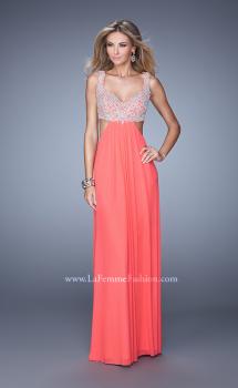 Picture of: Full Length Net Jersey Dress with Beaded Embroidery in Coral, Style: 21329, Main Picture