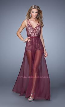 Picture of: Unique Lace Romper with Sheer Overlay, Style: 21333 in Burgundy, Main Picture