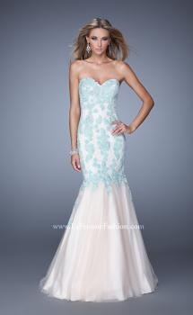 Picture of: Tulle Mermaid Prom Gown with Beaded Lace Straps in Mint and White, Style: 21369, Main Picture