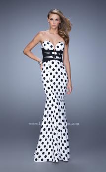 Picture of: Polka Dot Dress with Fit and Flare Skirt and Sheer Detail in Black and White, Style: 21392, Main Picture