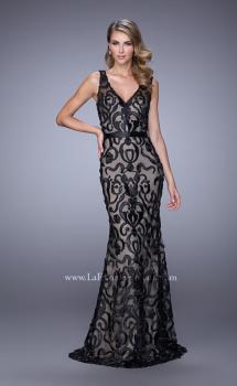 Picture of: Lace Prom Dress with Low V Back and Attached Belt in Black, Style: 21491, Main Picture