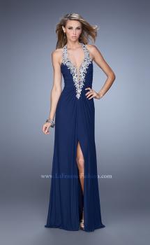 Picture of: Halter Prom Dress with Gathered Bodice and Center Slit in Navy, Style: 21513, Main Picture