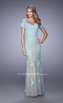 Picture of: Short Sleeve Dress with Lace Appliques and Keyhole Back in Blue, Style: 21703, Main Picture