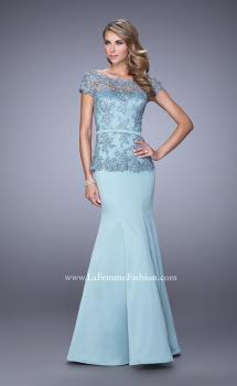 Picture of: Satin Mermaid Dress with Sheer Lace Overlay and Belt in Blue, Style: 21706, Main Picture