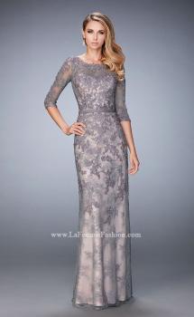 Picture of: Evening Gown with Lace Overlay, Belt, and 3/4 Sleeves in Silver, Style: 21740, Main Picture