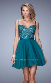 Picture of: Short Embroidered Dress with Thin Straps and Stones in Green, Style: 21838, Main Picture