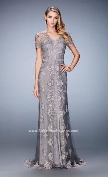 Picture of: Short Sleeve Evening Gown with Lace Underlay in Silver, Style: 21897, Main Picture