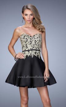 Picture of: Satin Cocktail Dress with Lace Appliques and Belt in Black, Style: 22017, Main Picture