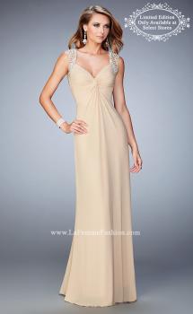 Picture of: Prom Gown with Gathered Bodice and Beaded Lace Detail in Nude, Style: 22055, Main Picture