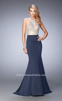 Picture of: Mermaid Prom Gown with Crystal Halter Bodice and Train in Blue, Style: 22177, Main Picture