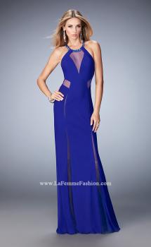 Picture of: Long Prom Dress with Sheer Panel Detail and Crystal Beads in Blue, Style: 22202, Main Picture