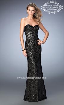 Picture of: Long Lace Prom Gown with Gold Sequin Underlay in Black, Style: 22203, Main Picture