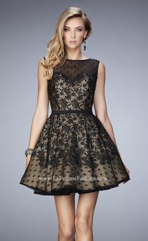 Picture of: Short Lace Dress with Polka Dots and Sheer Detail in Black, Style: 22222, Main Picture
