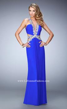 Picture of: Racer Back Long Prom Dress with Gold Embroidery in Blue, Style: 22252, Main Picture