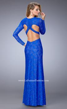 Picture of: Long Full Lace Prom Gown with V Neckline and Side Slit in Blue, Style: 22289, Main Picture