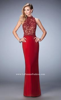 Picture of: Racer Beck Net Prom Dress with Lace Detail and Train in Red, Style: 22291, Main Picture
