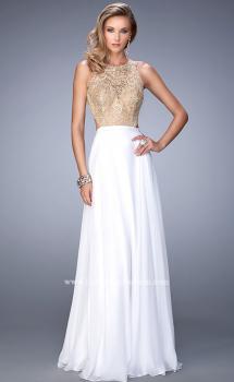 Picture of: Gold Lace Embellished High Neckline Prom Dress in White, Style: 22372, Main Picture