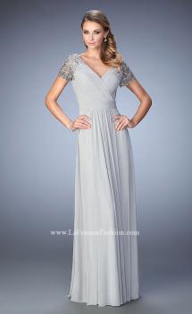 Picture of: Jersey Prom Dress with Lace Sleeves and Pleated Bodice in Silver, Style: 22474, Main Picture