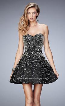 Picture of: Short Stretch Satin Gown with Pearls and a Bow in Black, Style: 22485, Main Picture