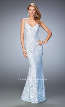 Picture of: Stretch Lace Prom Dress with Sheer Cap Sleeves and Back in Blue, Style: 22493, Main Picture