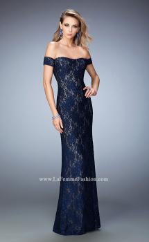 Picture of: Off the Shoulder Lace Prom Gown with Rhinestones in Blue, Style: 22605, Main Picture