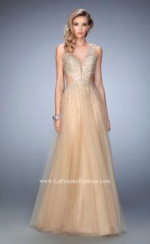 Picture of: Long Embellished Tulle Gown with Plunging Neckline in Nude, Style: 22613, Main Picture