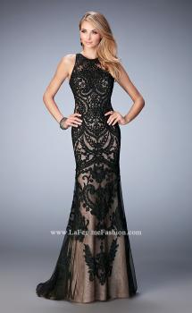 Picture of: Rhinestone Prom Dress with Sheer Neckline and Train in Black, Style: 22837, Main Picture