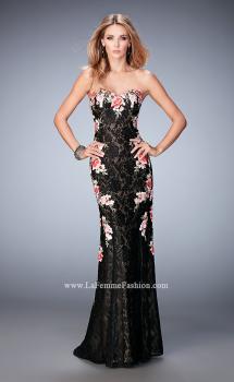 Picture of: Long Lace Prom Gown with Floral Applique and Train in Black, Style: 22914, Main Picture