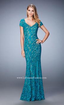 Picture of: Long Lace Evening Gown with Short Sleeves in Blue, Style: 22998, Main Picture