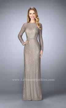 Picture of: Long Sleeve Lace Dress with Beaded Belt and Cuffs in Silver, Style: 23115, Main Picture