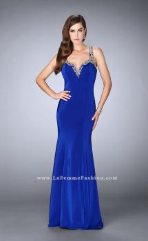 Picture of: Fitted Long Dress with Beaded Neckline and Straps in Blue, Style: 23245, Main Picture