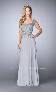 Picture of: Cap Sleeve Beaded Lace Evening Gown in Silver, Style: 23286, Main Picture