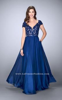 Picture of: A-line Dress with Cap Sleeves, Lace Top and Chiffon Skirt in Blue, Style: 23587, Main Picture