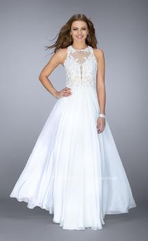Picture of: A-line Dress with Lace Illusion Neckline and Chiffon Skirt in White, Style: 23704, Main Picture