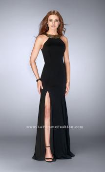 Picture of: High Neck Jersey Dress with Beading and Open Back in Black, Style: 23737, Main Picture