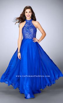Picture of: High Collar A-line Dress with Lace Top and Chiffon Skirt in Blue, Style: 23754, Main Picture