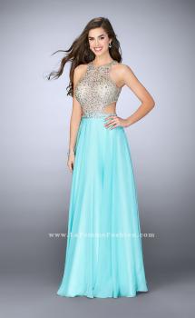 Picture of: High Neck A-line Dress with Sheer Beaded Top in Blue, Style: 23760, Main Picture