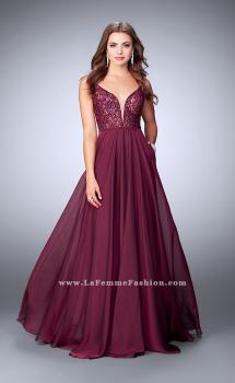 Picture of: A-line Chiffon Dress with Lace Top and Deep V Neckline in Red, Style: 23964, Main Picture