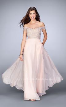 Picture of: A-line Chiffon Dress with Off the Shoulder Lace Top in Pink, Style: 24001, Main Picture