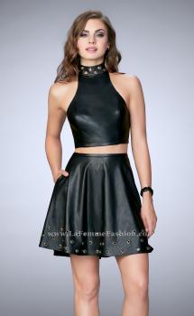 Picture of: Short Vegan Leather Two Piece with Gold Grommets in Black, Style: 24026, Main Picture