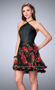 Picture of: Short Floral Dress with High Neck Vegan Leather Top in Black, Style: 24111, Main Picture