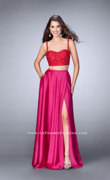 Picture of: Two Piece Satin A-line Dress with Slit and Lace Top in Pink, Style: 24159, Main Picture