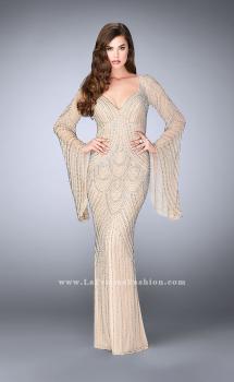 Picture of: Bell Sleeve Dress with Beaded Pattern and Open Back in Nude, Style: 24162, Main Picture